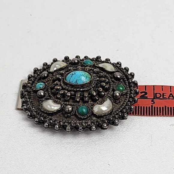 Antique 935 Silver Turquoise Pearl Brooch Pendant Natural Patina Coastal Cowgirl - Picture 7 of 9